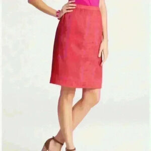 Ann Taylor Red Orange Pink Silky Straight Skirt Moroccan Print size 2